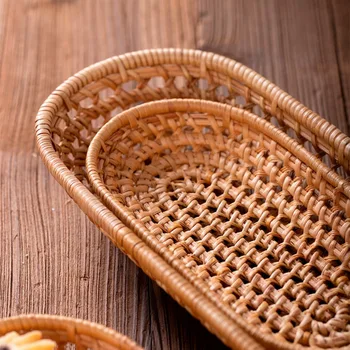 

2020 New Rattan Bread Basket Oval Hand-Woven Tea Tray Serving Platter For Dinner Parties Breakfast Storage Baskets