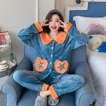 

2PCS Print Five-pointed Star Flannel Pajamas Set Female Sexy Pyjamas Sleepwear Pocket Sleep Suit Nightwear Winter Home Clothes