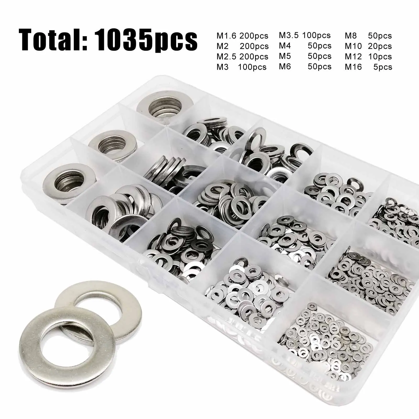 Total 1035pcs M1.6 M2 M2.5 M3 M3.5 M4 M5 M6 M8 M10 M12 M16 304 Stainless Steel Flat Washer Pad Set Plain Gasket Assortment Kit