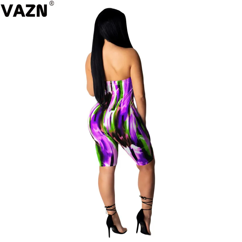 VAZN new design bandage strapless lady print high street women jumpsuit sleeveless short pant playsuits sexy club wind rompers