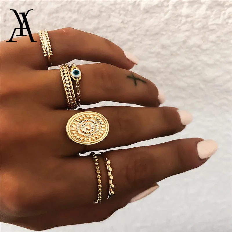 

Bohemian Ethnic Gold Color Turkish Eye Ring Set 6PCS/Set Mixed Midi Knuckle Rings for Women Anillos Mujer