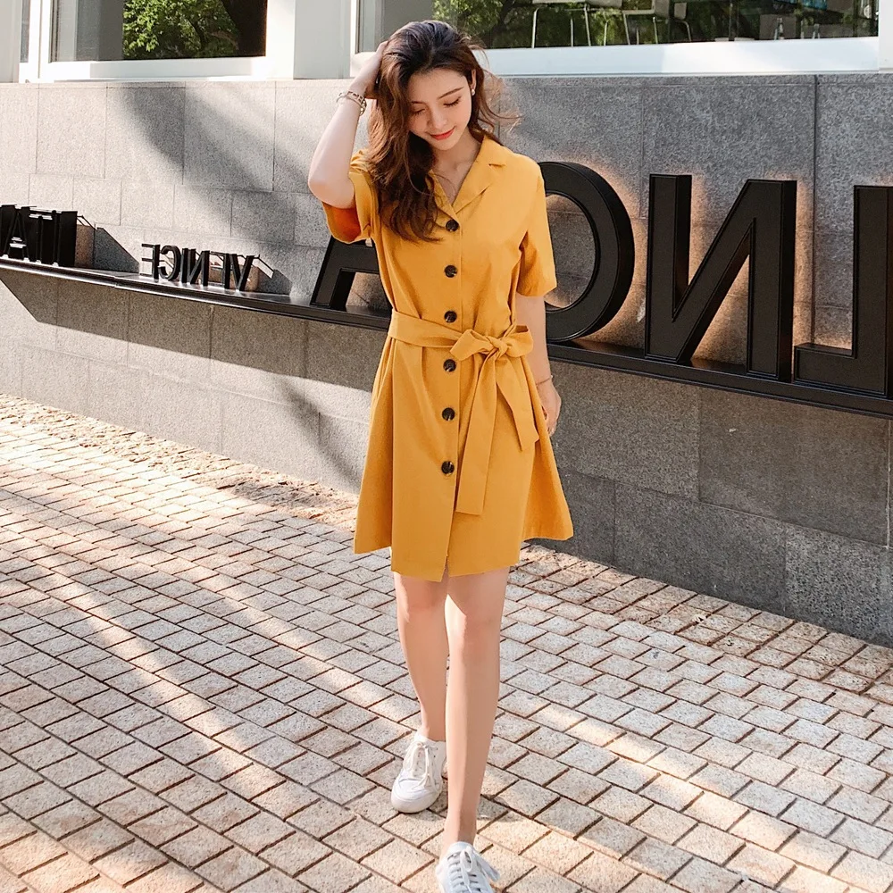 

France Non-mainstream 2019 Summer New Style French Retro CHIC-Style Waist Hugging Slimming Mid-length Shirt Dress Women's