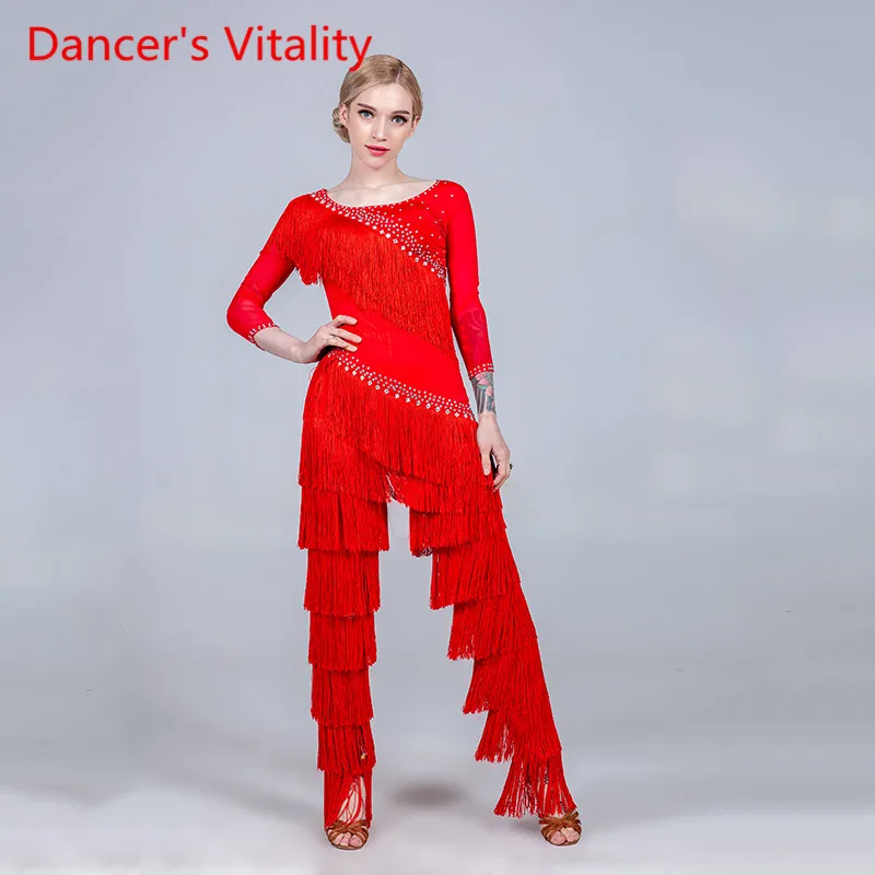 

Women Tassel Glitter Rhinestone Top Pants Trousers Latin Dance Wear Rumba Samba Tango Cha Cha Dancing Competition Stage Outfits