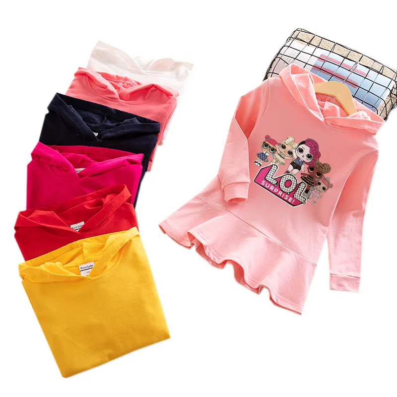 Girls Cartoon Hooded Sweater Dress Baby Doll Cotton Casual Dress Comfortable Cute Dress
