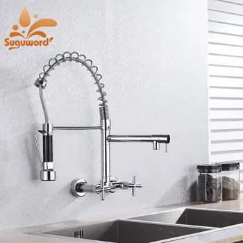 

Chrome Kitchen faucet hot cold mixer tap With ring or not wall mount with double handle to switch 180 degree rotation
