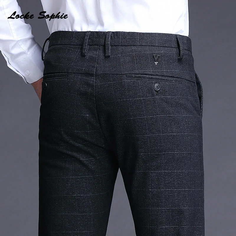 High waist Men's Plus size Pencil pants trousers Autumn New Fashion cotton plaid suit pants men Skinny business trousers