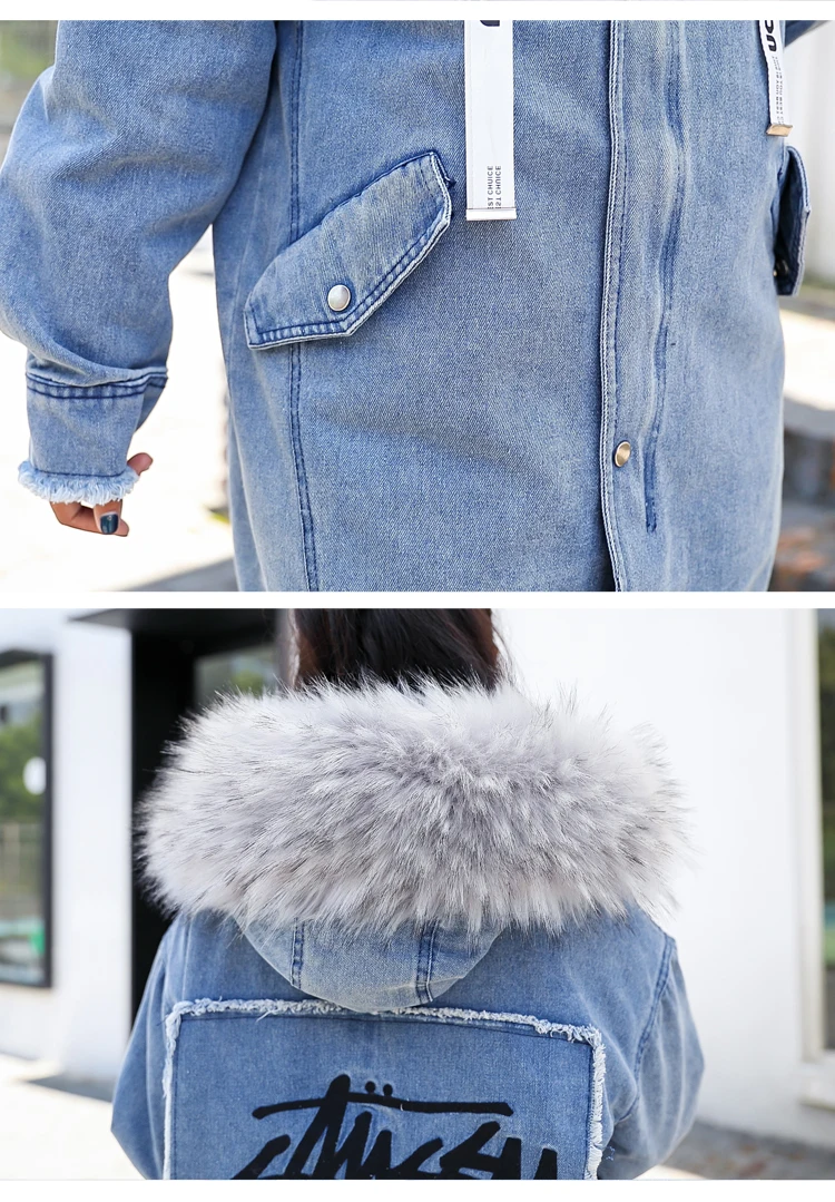 Куртка-парка зимняя новая Толстая теплая джинсовая куртка Женская длинная куртка с большим меховым воротником, хлопковое пальто с подкладкой для волос женская джинсовая куртка LJJ0029