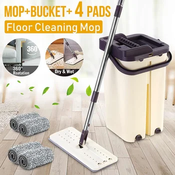 

Free Hand Mops Automatic Spin Cleaning Mop Microfiber Washing Pads With Bucket Flat Squeeze Spray Mop Home Kitchen Floor Cleaner
