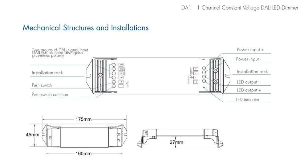 Модель#: DA1; 1CH* 15A 12-24VDC CV DALI Dimmer