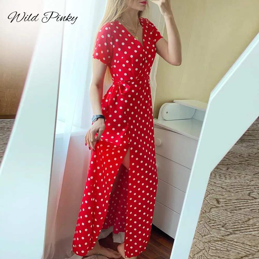 

WildPinky Boho Polka Dot Long Dresses Women Split Short Sleeve Summer Casual Dress 2022 Streetwear Black Maxi Dress Vestidos