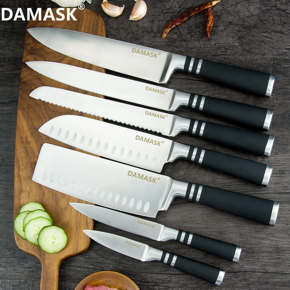 Damask 3Cr14 набор кухонных ножей из нержавеющей стали, Горячая, хорошее качество, 430 ручки, кухонные ножи с бесплатными сувенирные ножи, чехлы