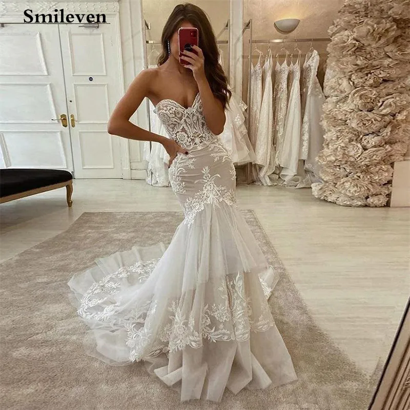 

Smileven Mermaid Wedding Dresses Lace 2020 Sweetheart Neck Soft Tulle Backless Bridal Gowns Sleeveless Bride dress with Train