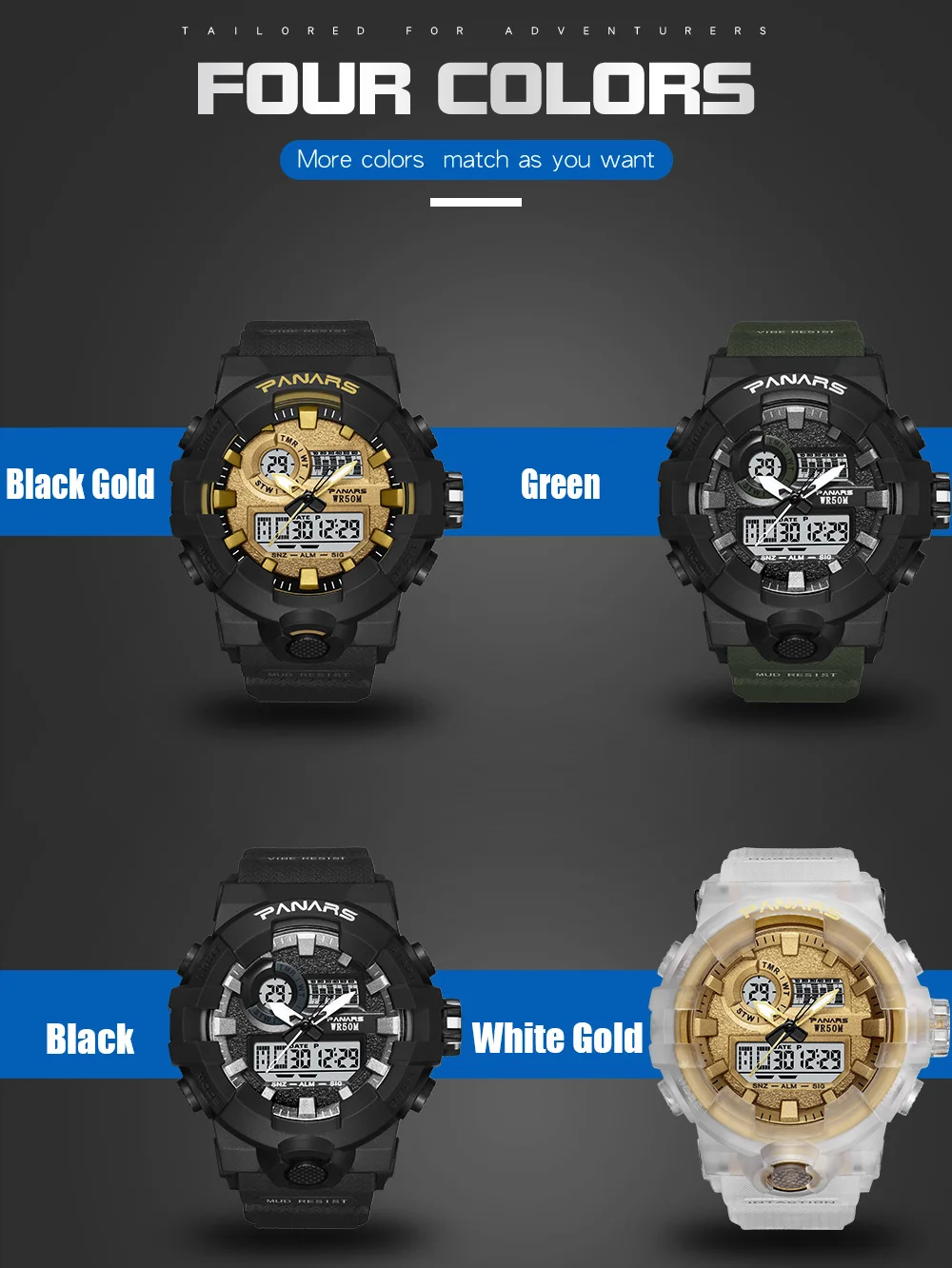 PANARS White Gold Men Digital Watch Sports Watches Men's Watch Led 5Bar Waterproof Double Display Chronograph Electronic Clock