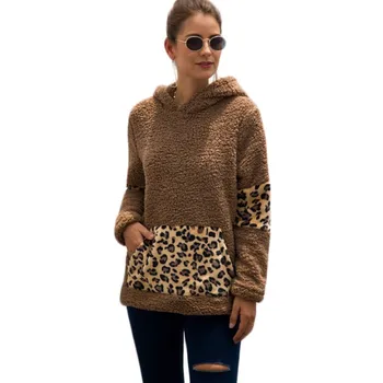 

Casual Long Sleeve Leopard Thicken Fleece Hoodies Women 2020 Autumn Winter Loose Patchwork Pocket Hooded Women's Sweatshirt