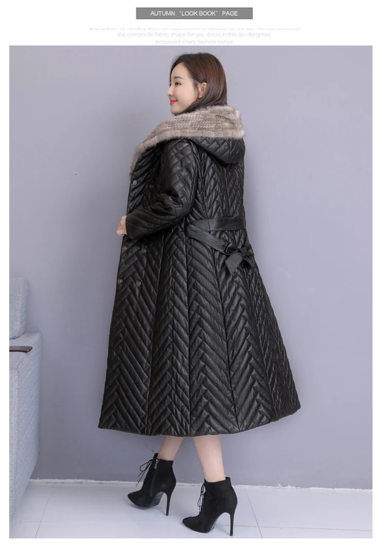 Зимняя кожаная куртка для женщин, Овечий пух, куртки с капюшоном, Chaqueta Cuero Mujer, для похудения, Dames Jassen, зимнее черное пальто