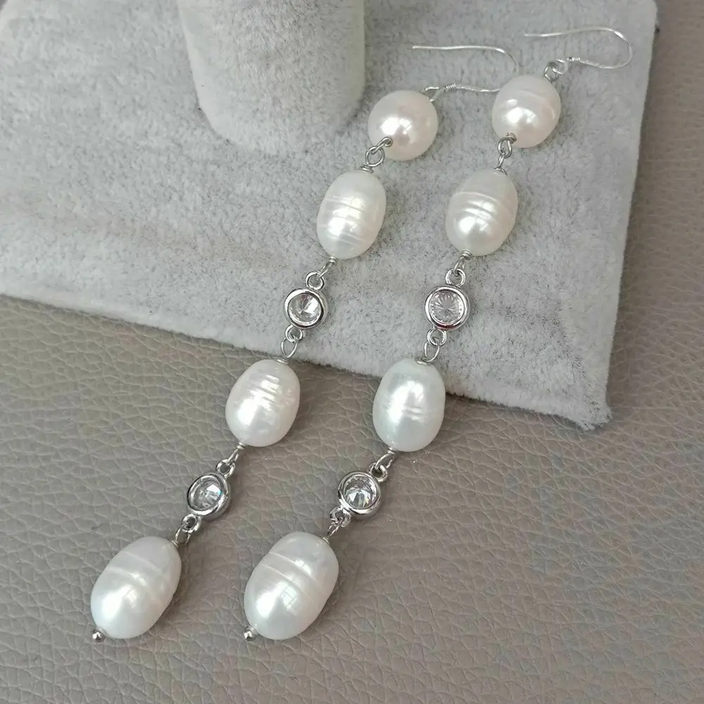 

Freshwater White Rice Pearl Cz Clear Hook Earrings