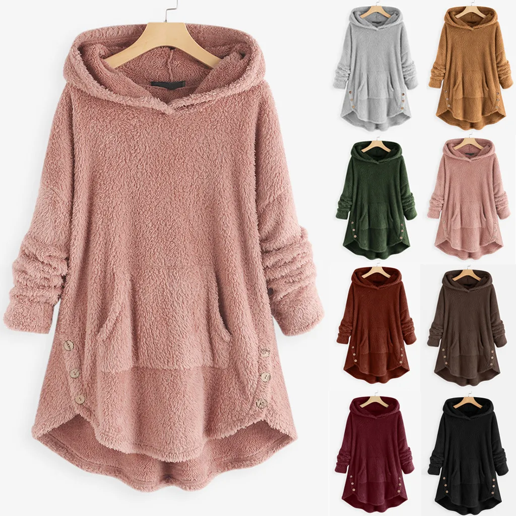 2019 New Winter Sweater Women Fleece Asymmetrical Button Hem Plus Size Hoodie Top Cloak Pull Femme Nouveaute Gh4 | Женская одежда