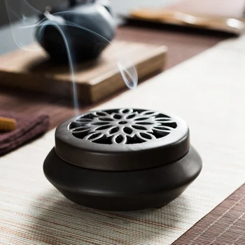 

Handicraft Ceramic Coil Incense Burner Hollow Cover Censer With Fireproof Cotton Sandalwood Coil Incense Holder