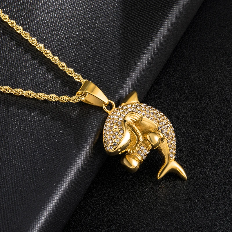 US7 Iced Out Bling в форме акулы кулон ожерелье из нержавеющей стали горный хрусталь ожерелье s& Подвески для мужчин хип хоп ювелирные изделия подарок