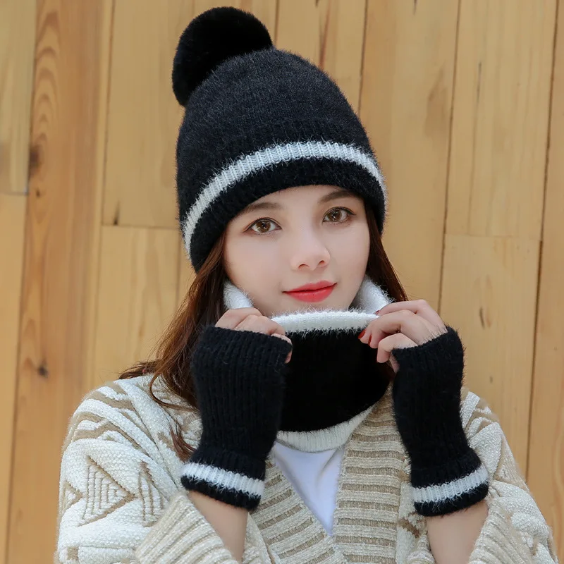 Осень зима искусственный мех кролика шапка набор Толстая теплая женская шапка шарф 2 шт наборы - Цвет: 55