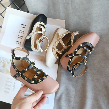 

Children's Leather Shoes Rivets Kids Square Mouth Roman Pu Shoes for Girl Toddler Princess Soft bottom