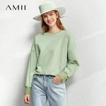 

AMII Minimalism Women Autumn Winter Fashion Solid Hoodies Causal Oneck Full Sleeves Loose Female Sweatshirt Tops 12020061