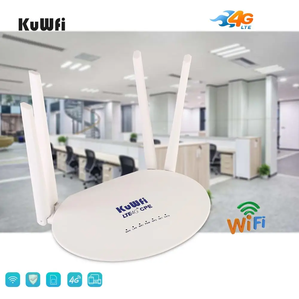 KuWFi 4G LTE Wifi Router 300 Мбит / с 3G / 4G Беспроводной CPE-маршрутизатор с поддержкой слотов для SIM-карт 4G в LAN с 4шт антеннами до 32 пользователей