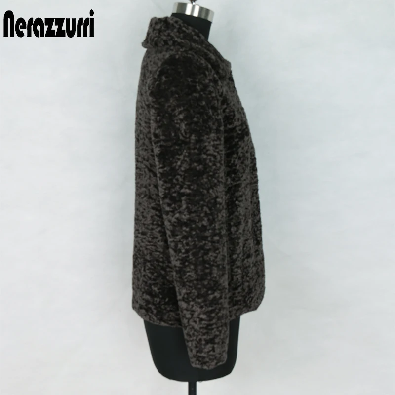 Kopen Nerazzurri herfst winter shearling jas vrouwen lange mouw turn down kraag zwart faux fur jas plus size vrouw kleren 5xl 6xl