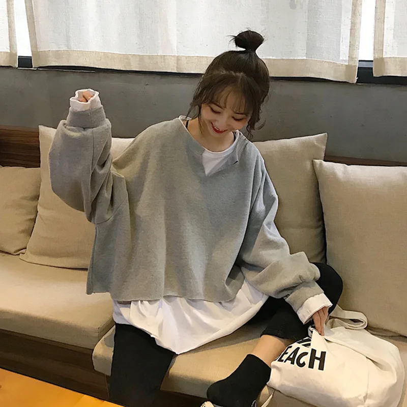 

2022 Spring And Autumn Fashion Fake Two-piece Long-sleeved Hoodie Casual Women's Student All-match Solid Color Hooded Sweater