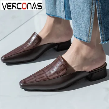 

VERCONAS Women Mules Genuine Leather Vintage High Quality Thick Heel Slippers Pointed Toe Wild Sandals Thick Heels Shoes Woman