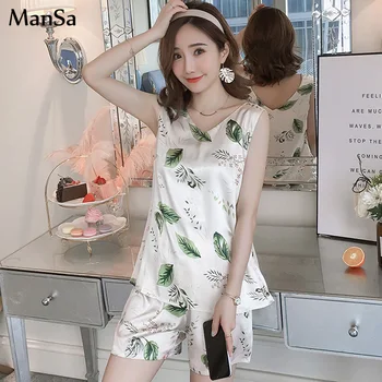 

Women Sleepwear for Summer Shorts Ice Silk Vest Pajamas Set young Girl Printing Pyjama Set Women Nightshirt Sets homewear pijama