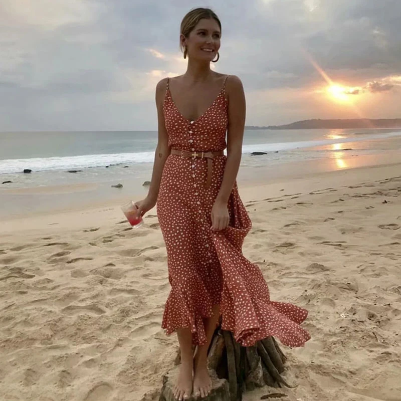 Фото Элегантное женское длинное платье в горошек Boho летний сексуальный сарафан с v Элегантное женское длинное платье в горошек Boho летний сексуальный сарафан с v