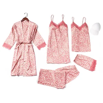 

5 Pieces Silk Pajamas Sets for Women Satin Sleepwear Robe Pants Pijamas Bathrobe Shorts Sexy Lingerie Leopard Print Lace Pyjamas
