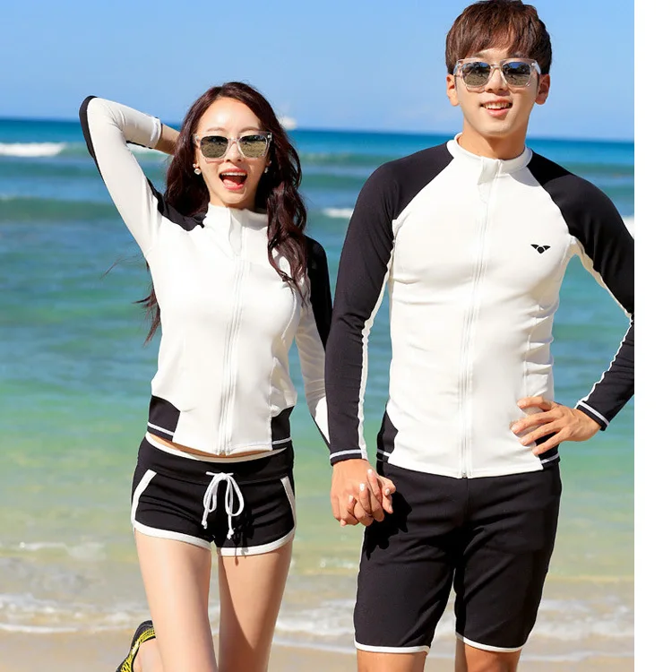 

2018 New Style Split Type Couples Beach Holiday Long Sleeve Boxer Conservative Hot Springs Men's Swimming Suit Two-Piece Set Sur