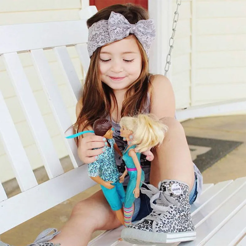 

Solid color baby knot headband princess elastic soft lace hollow little girls bows hair band headwear