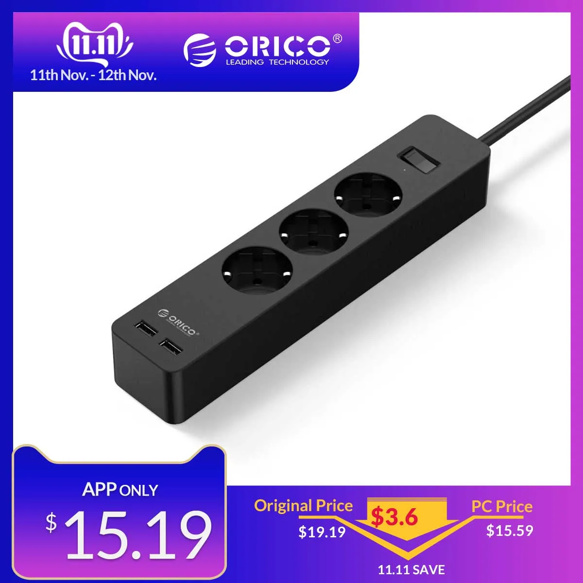 Online ORICO Elektronische Buchse Power Streifen Buchse 3AC 5 AC Steckdose Mit 2 USB Port Smart EU Stecker Verlängerung Buchse für hause Kommerziellen