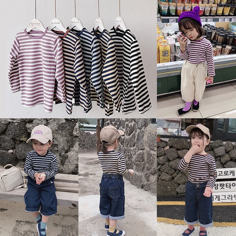 

new 2019 autumn children stripe pure cotton leisure T shirts baby girls long sleeve round collar tops kids clothing