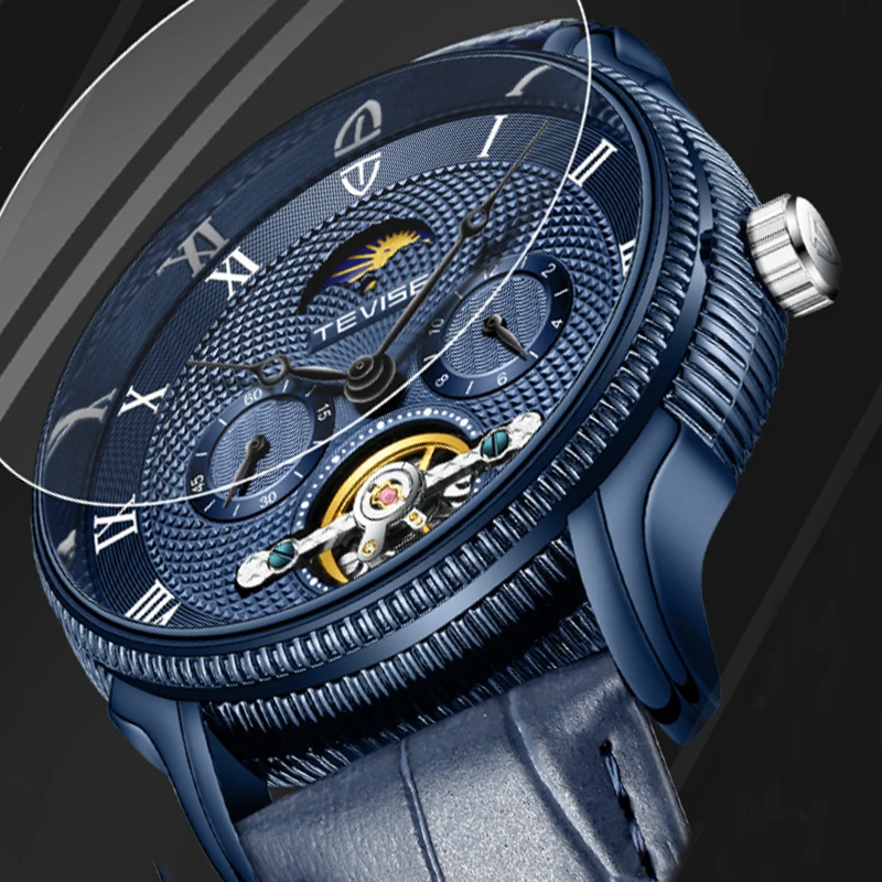 

TEVISE Relogio Skeleton Tourbillon Automatic Mechanical Watches Men Leather Self Winding Men Wrist Watches Reloj Hombre Gift Box