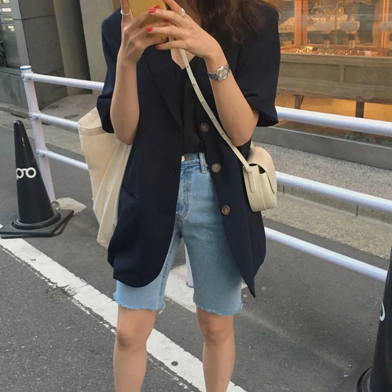 

Fox Mrs. Summer Students Short Sleeve Suit Coat Fashion Mid-length Retro Black And White with Pattern Online Celebrity Small Sui
