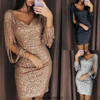 

Summer Women Lady Bodycon Bling Sequin Tassel Evening Party Cocktail Gown Dress
