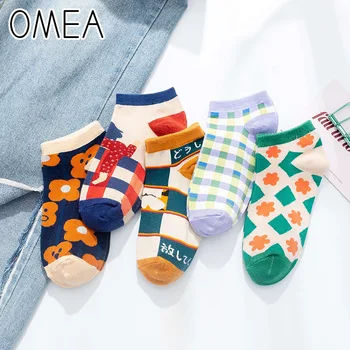 

OMEA Women Socks 5 Pairs Plaid Summer Spring Socks Low Cut Ankle Sock Illustration Casual Socks Female Short Sox Cartoon Flower