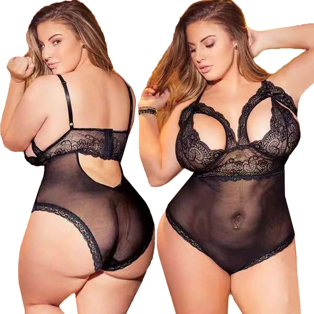 

Women's Plus Size Lace Mesh Lingerie Black Babydoll Lace Split Cup Sleepwear Set