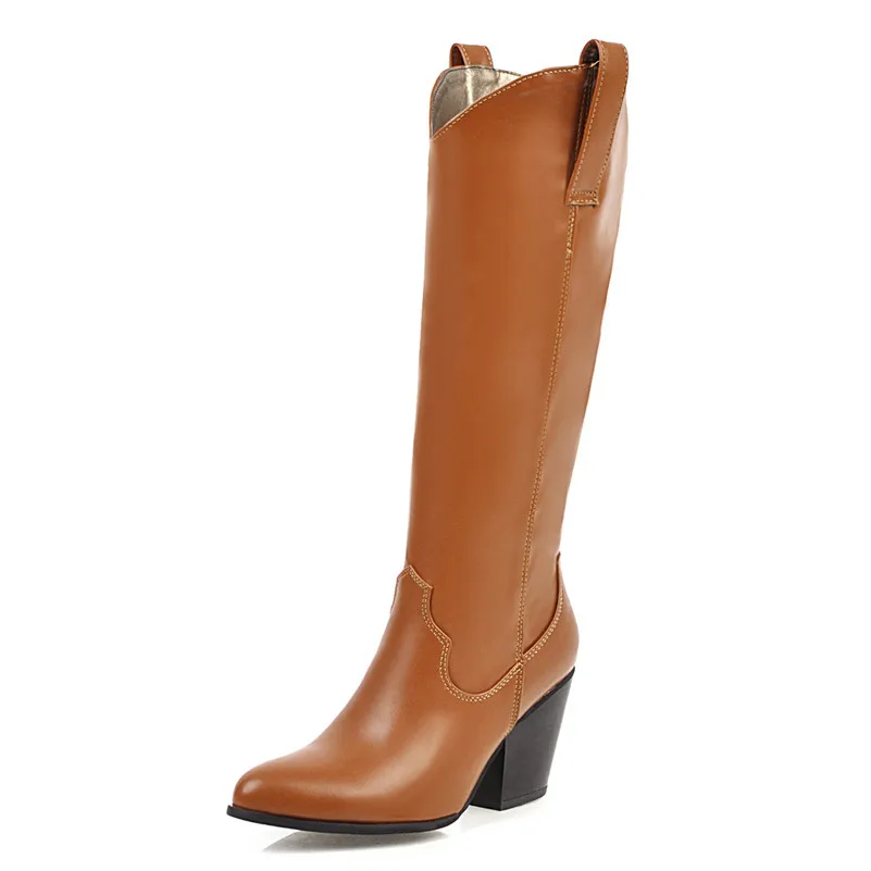 Meotina Winter Western Boots Women PU Leather Thick High Heel Knee High Boots Slip on Pointed Toe Shoes Lady Autumn Big Size 43