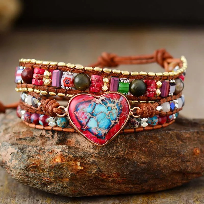 Premium New Heart Shape Leather Wrap Bracelets W/ Vibrant Stones Chain Beads Bracelet Boho Classic Jewelry Bijoux Dropship