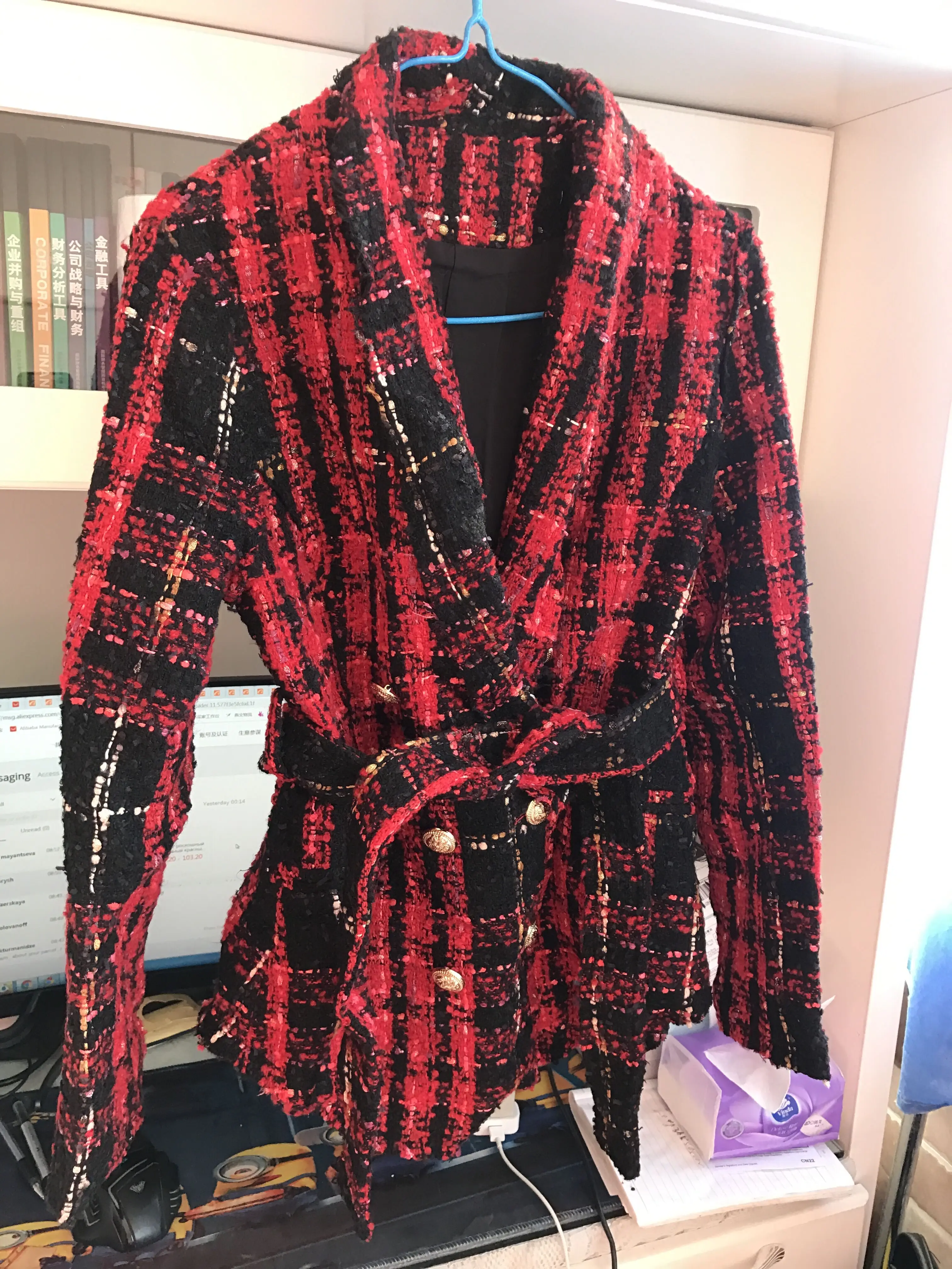 US $114.00 NEW 2020 Luxury Woman Fashion Red Black checked tweed Doublebreasted blazer Gold Button up With Belt Frayed hem