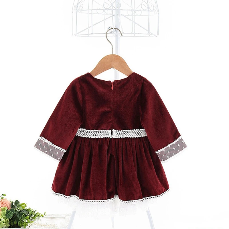 Осенне-зимнее платье принцессы для новорожденных девочек, детское бархатное кружевное платье с длинными рукавами для дня рождения Vestidos S9728