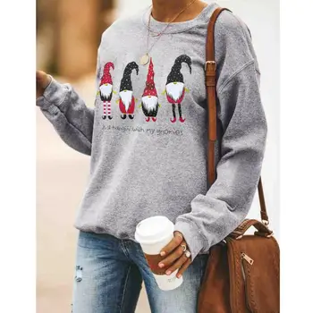 

Christmas Gnomies Print Long Sleeve Sweatshirt Christmas Women Long Sleeve Pullover Letter Print Sweatshirts Gray