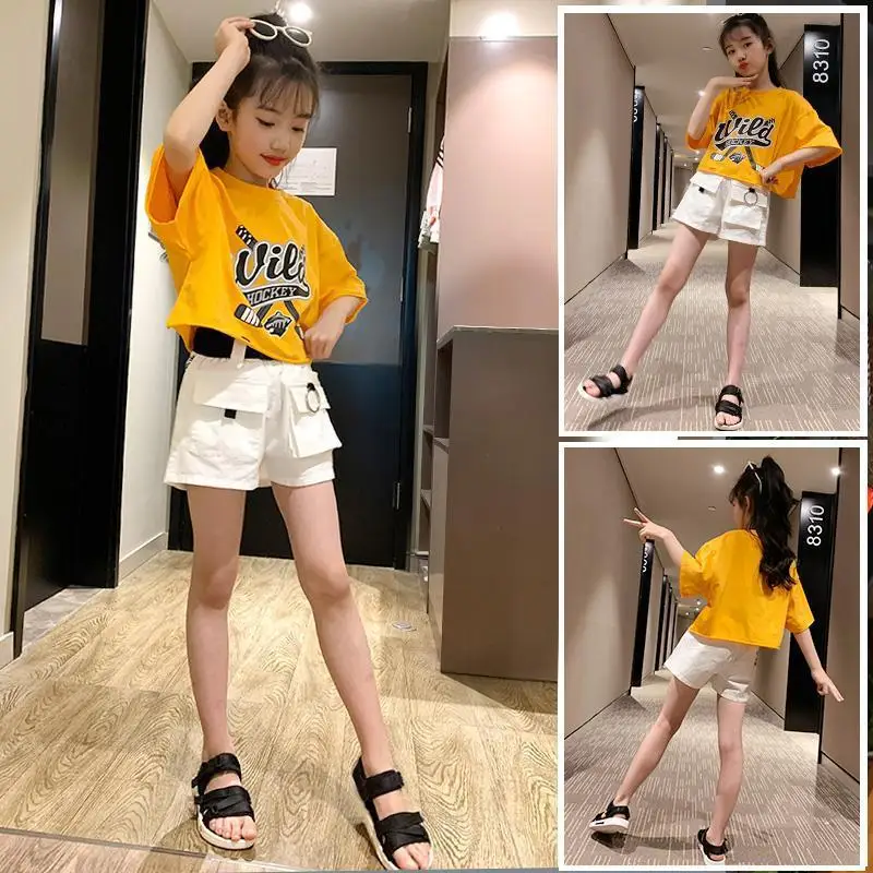 

Summer Children's New Sports Teenage Girl Clothes Set Kids Toddler Yellow Short Sleeve T-shirt + Short Pant 2 Pcs 4 6 8 10 12Y