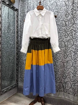 

2020 Early Autumn New Women's Lapel Chest Single Pocket Long-Sleeved Upper Garment + Color Matching A- line Skirt Set 810