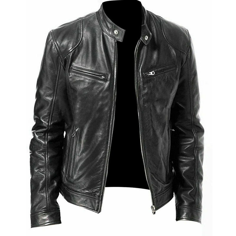 Winter Warm Genuine Black&Brown Leather Jacket Fashion Men Slim Fit Biker Motorcycle Stand Collar Slim Zip Jacket - Цвет: Черный
